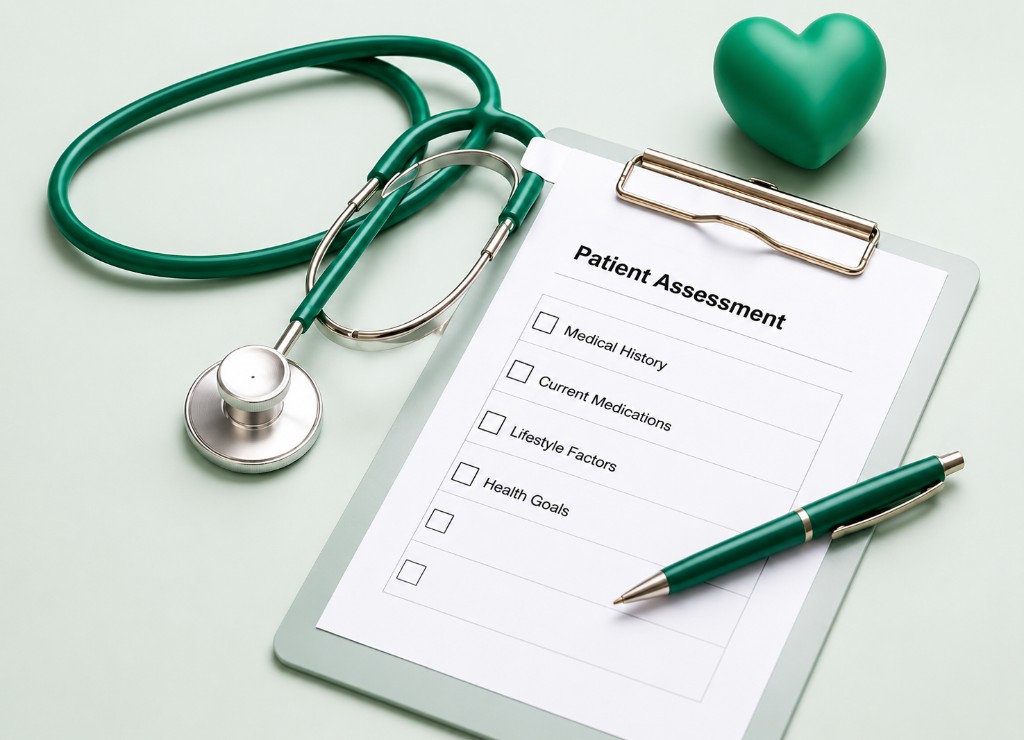 A green stethoscope, heart-shaped stress ball, and clipboard with a Patient Assessment checklist on a light green background.